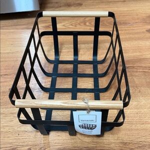 Yamazaki Black Metal Basket with Wooden Handles
